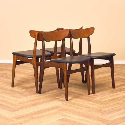 Danish set of 4 dining chairs in walnut and teak by Schiønning & Elgaard