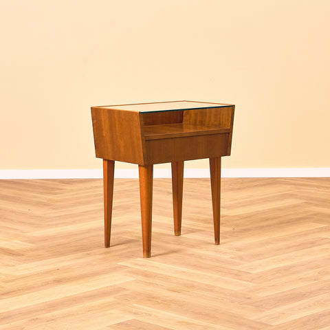 Swedish bedside tables in mahogany & glass