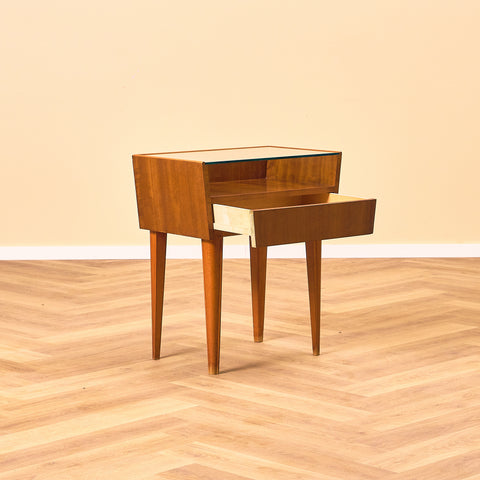 Swedish bedside tables in mahogany & glass