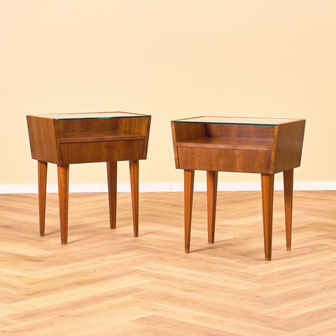 Swedish bedside tables in mahogany & glass