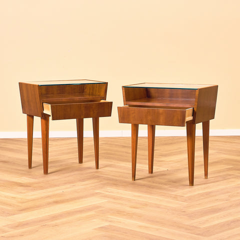 Swedish bedside tables in mahogany & glass