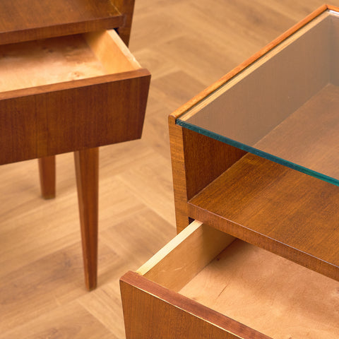 Swedish bedside tables in mahogany & glass