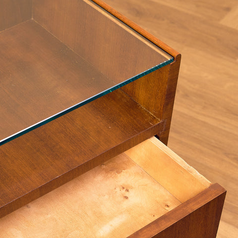 Swedish bedside tables in mahogany & glass