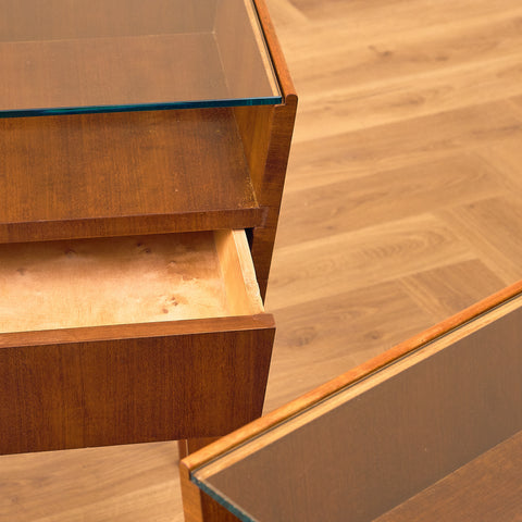 Swedish bedside tables in mahogany & glass
