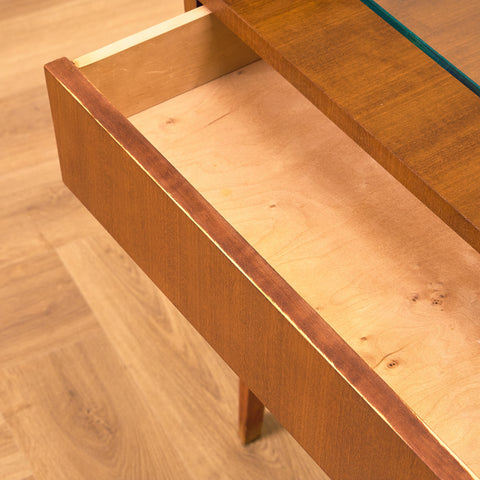 Swedish bedside tables in mahogany & glass