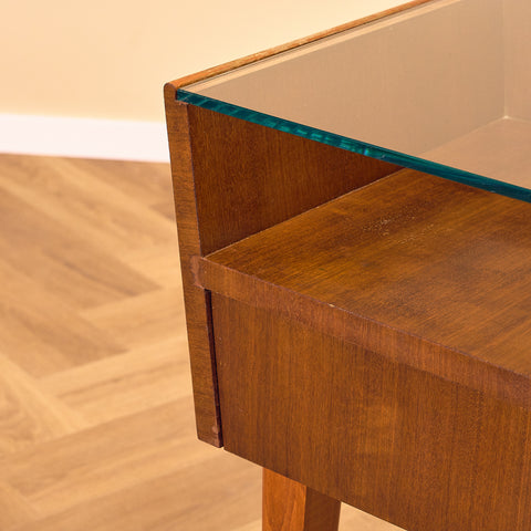 Swedish bedside tables in mahogany & glass