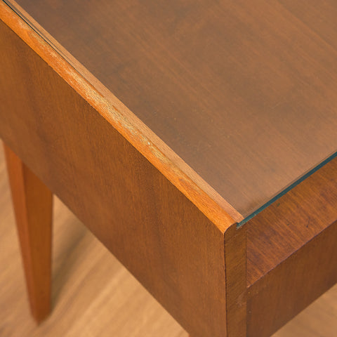 Swedish bedside tables in mahogany & glass