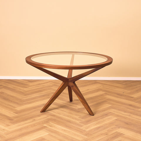 Danish round dining table in glass and walnut attributed to Illum Wikkelsö
