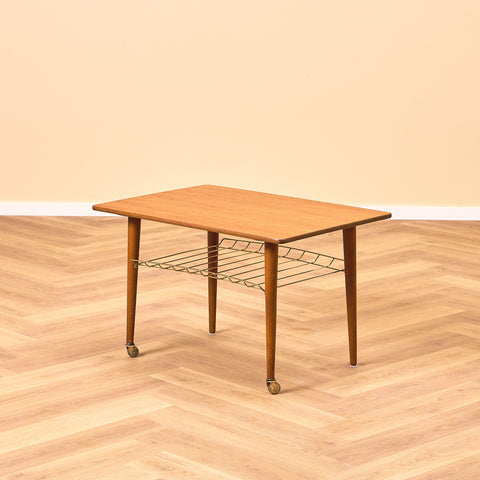 Swedish side table with magazine shelf in teak and oak