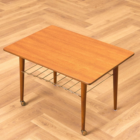 Swedish side table with magazine shelf in teak and oak