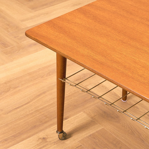 Swedish side table with magazine shelf in teak and oak