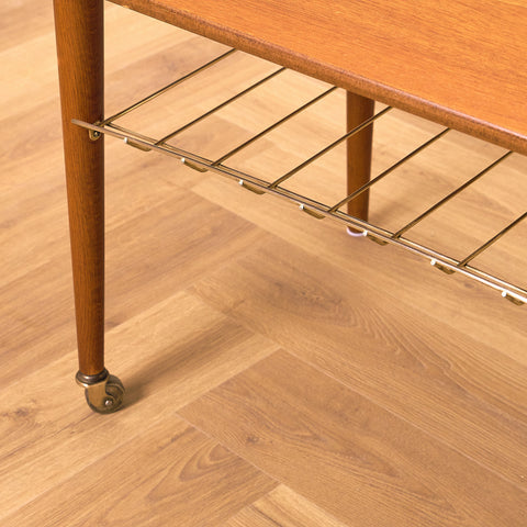 Swedish side table with magazine shelf in teak and oak