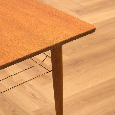 Swedish side table with magazine shelf in teak and oak