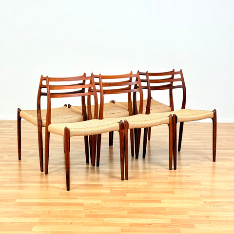 Danish set of 6 dining chairs in Santos rosewood, Niels O. Møller, model 78