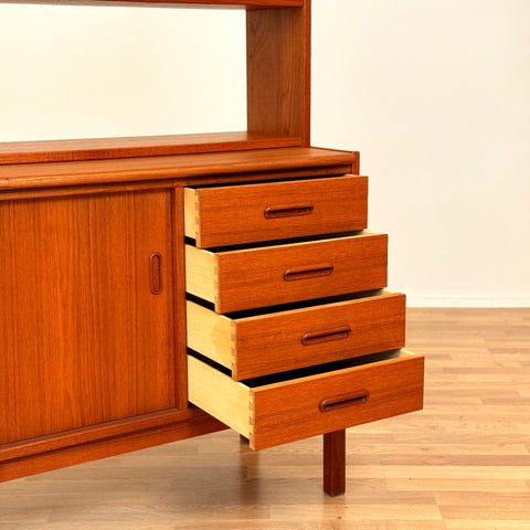 Swedish bookshelf with pull out desk in teak
