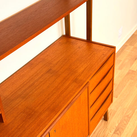 Swedish bookshelf with pull out desk in teak wood