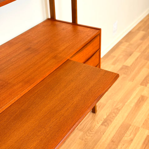 Swedish bookshelf with pull out desk in teak wood