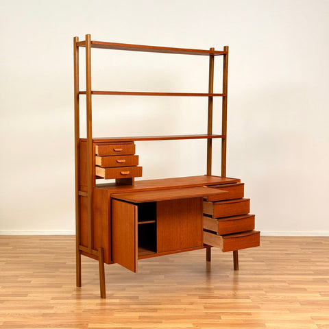 Swedish bookshelf with pull out desk in teak wood