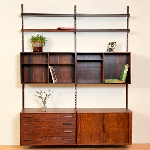 Danish wall unit / shelving system in Santos rosewood by Kai Kristiansen, for FM Mobler