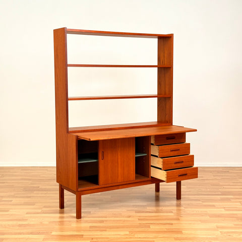 Swedish bookshelf with pull out desk in teak