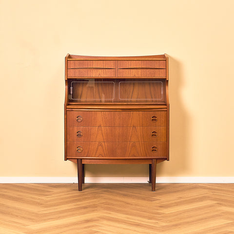 G. Falsig Teak Secretary Writing Desk with Glass Doors