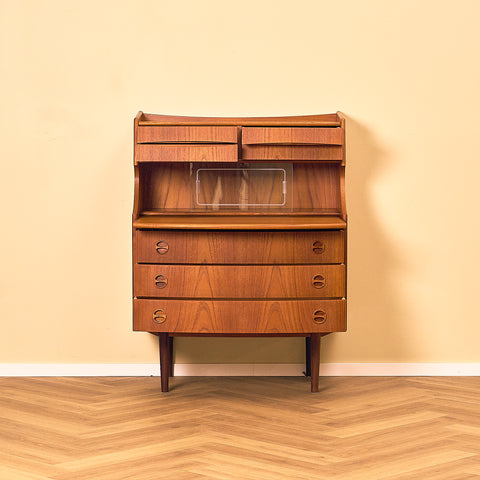 G. Falsig Teak Secretary Writing Desk with Glass Doors