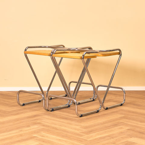 Italian set of 4 bar stools in chrome and beech