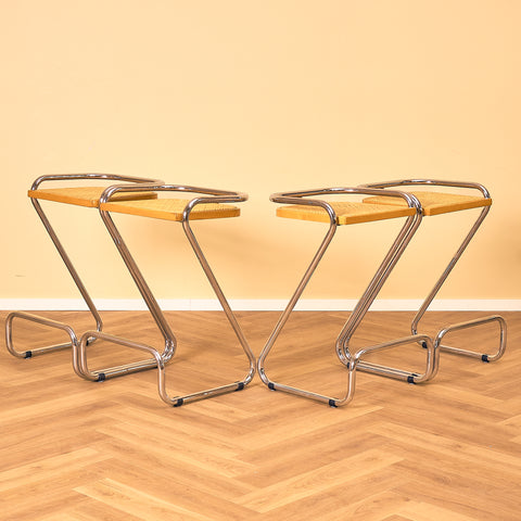 Italian set of 4 bar stools in chrome and beech