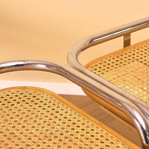 Italian set of 4 bar stools in chrome and beech