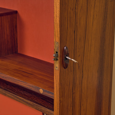 Danish corner bar cabinet in Santos rosewood by Erik Buck and Johannes Andersen for Dyrlund