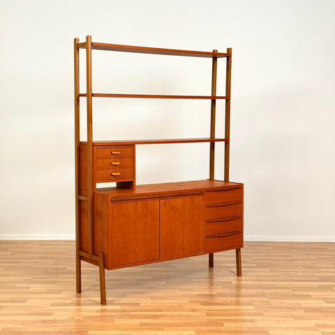 Swedish bookshelf with pull out desk in teak wood